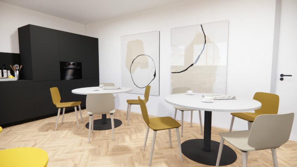 Voorbeeld van slimme projectinrichting met ergonomische werkplekken en moderne raambekleding voor een productief kantoor